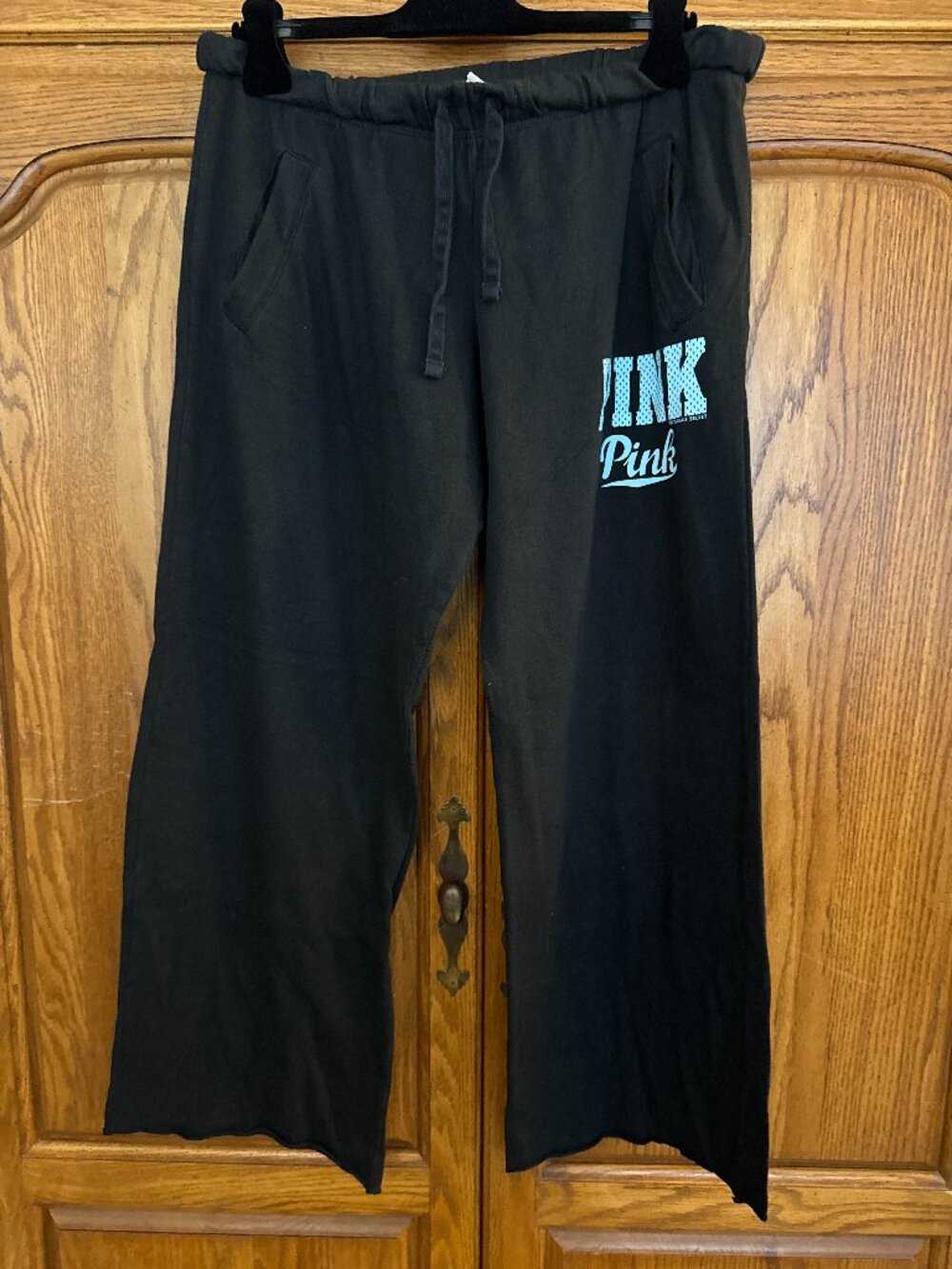 PINK Victoria's Secret Black Track Joggers with Teal Logo